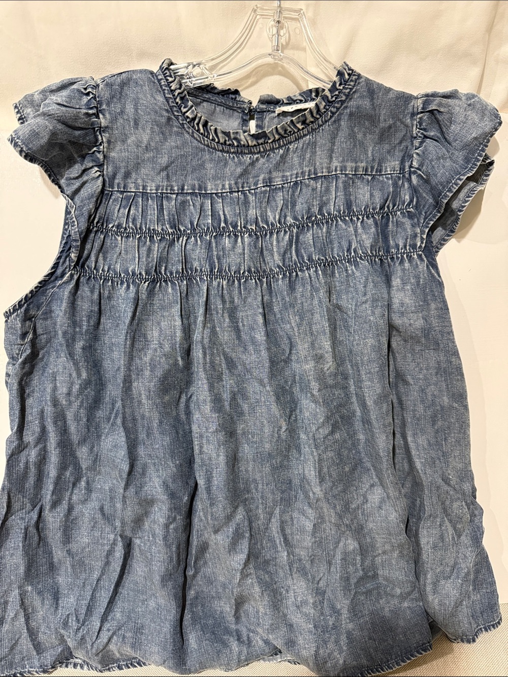 Jane + Delanceey Blue Chambray Ruffle Sleeve Top jeans denim blue stone washed L